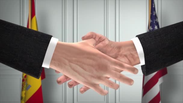 Spanje Partnership Business Deal Nationale Regeringsvlaggen Officiële Diplomatie Handdruk Illustratie — Stockvideo