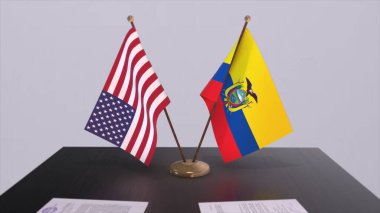 Ecuador and USA at negotiating table. Business and politics 3D illustration. National flags, diplomacy deal. International agreement.