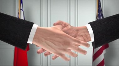 Tayvan ve ABD Ortaklık Anlaşması. Ulusal Hükümet Bayrakları. Resmi Diplomasi Tokalaşma Çizim Animasyonu. Anlaşma İşadamı Tokalaştı