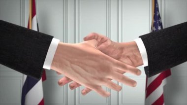 Tayland ve ABD Ortaklık Anlaşması. Ulusal Hükümet Bayrakları. Resmi Diplomasi Tokalaşma Çizim Animasyonu. Anlaşma İşadamı Tokalaştı