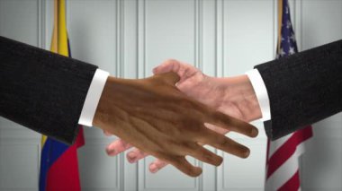 Venezuela ve ABD Ortaklık Anlaşması. Ulusal Hükümet Bayrakları. Resmi Diplomasi Tokalaşma Çizim Animasyonu. Anlaşma İşadamı Tokalaştı