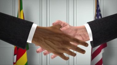 Zimbabwe ve ABD Ortaklık Anlaşması. Ulusal Hükümet Bayrakları. Resmi Diplomasi Tokalaşma Çizim Animasyonu. Anlaşma İşadamı Tokalaştı