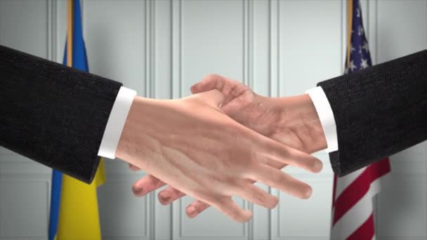 ウクライナと米国のパートナーシップビジネス契約 国旗を掲揚 公式外交握手イラストアニメーション 契約ビジネスマンの手を振る — ストック動画