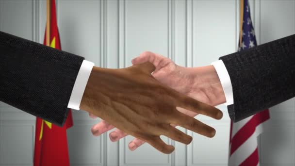 ベトナムと米国のパートナーシップビジネス契約 国旗を掲揚 公式外交握手イラストアニメーション 契約ビジネスマンの手を振る — ストック動画