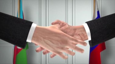 Azerbaycan ve Rusya el sıkışma, siyaset illüstrasyonu. Resmi toplantı ya da iş birliği, iş görüşmesi. İş adamları veya politikacılar el sıkışıyor