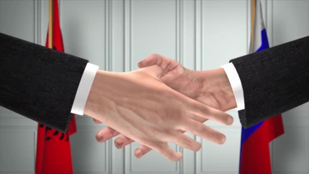 アルバニアとロシアは握手 政治イラストを扱う 正式な会議や協力 ビジネスミーティング ビジネスマンや政治家が握手をする — ストック動画