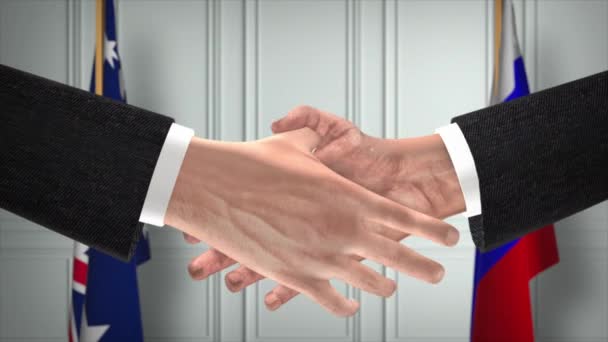 オーストラリアとロシアは握手 政治イラストを扱う 正式な会議や協力 ビジネスミーティング ビジネスマンや政治家が握手をする — ストック動画