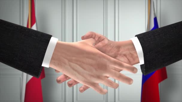オーストリアとロシアは握手 政治イラストを扱う 正式な会議や協力 ビジネスミーティング ビジネスマンや政治家が握手をする — ストック動画