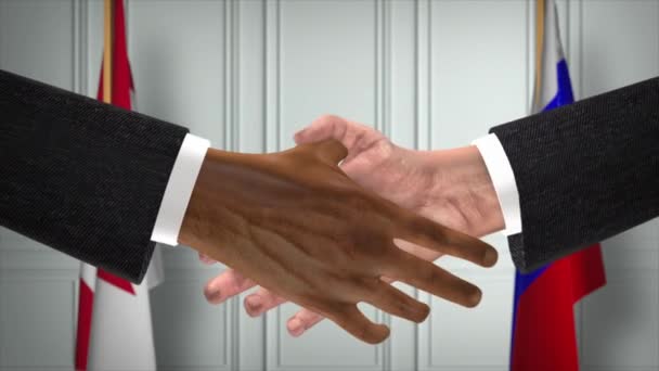 バーレーンとロシアは握手 政治イラストを扱う 正式な会議や協力 ビジネスミーティング ビジネスマンや政治家が握手をする — ストック動画