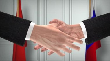 Çin ve Rusya tokalaşıyor, politik çizimler yapıyor. Resmi toplantı ya da iş birliği, iş görüşmesi. İş adamları veya politikacılar el sıkışıyor
