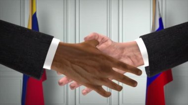 Venezuela ve Rusya el sıkışma, siyaset illüstrasyonu ile uğraşır. Resmi toplantı ya da iş birliği, iş görüşmesi. İş adamları veya politikacılar el sıkışıyor