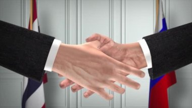 Tayland ve Rusya el sıkışma, politik çizim. Resmi toplantı ya da iş birliği, iş görüşmesi. İş adamları veya politikacılar el sıkışıyor