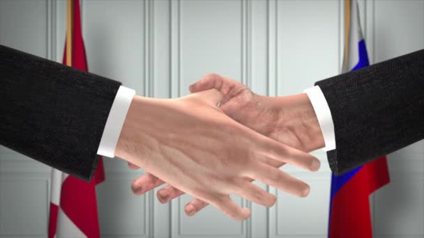 Дания Россия Обмениваются Рукопожатием Политическими Иллюстрациями Официальная Встреча Сотрудничество Деловая — стоковое видео