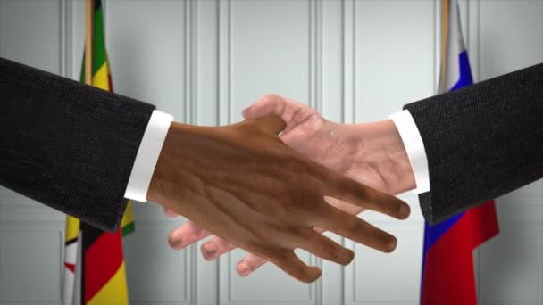 ジンバブエとロシアは握手 政治イラストを扱う 正式な会議や協力 ビジネスミーティング ビジネスマンや政治家が握手をする — ストック動画