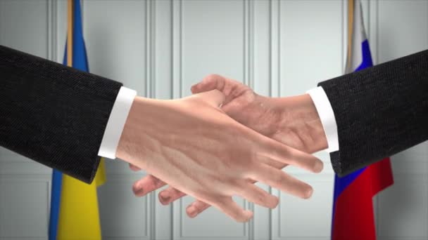 Ucrania Rusia Negocian Apretón Manos Ilustración Política Reunión Oficial Cooperación — Vídeos de Stock