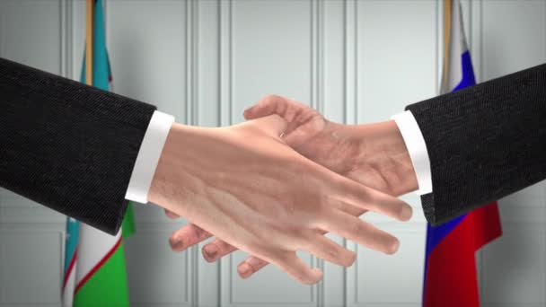 ウズベキスタンとロシアは握手 政治イラストを扱う 正式な会議や協力 ビジネスミーティング ビジネスマンや政治家が握手をする — ストック動画