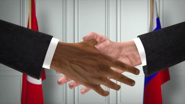 チュニジアとロシアは握手 政治イラストを扱う 正式な会議や協力 ビジネスミーティング ビジネスマンや政治家が握手をする — ストック動画