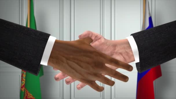 Turkmenistan Venäjä Käsittelevät Kädenpuristusta Poliittista Kuvitusta Virallinen Kokous Tai Yhteistyö — kuvapankkivideo