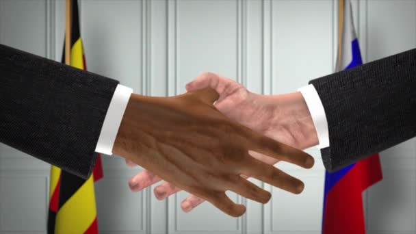 Uganda Rusia Negocian Apretón Manos Ilustración Política Reunión Oficial Cooperación — Vídeos de Stock