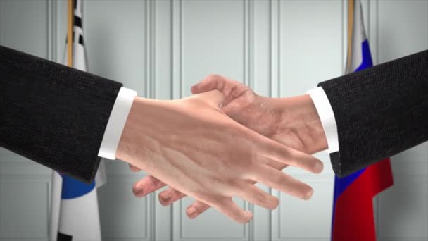 韓国とロシアは握手 政治イラストを扱う 正式な会議や協力 ビジネスミーティング ビジネスマンや政治家が握手をする — ストック動画