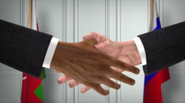 Umman ve Rusya el sıkışma, politik illüstrasyon. Resmi toplantı ya da iş birliği, iş görüşmesi. İş adamları veya politikacılar el sıkışıyor