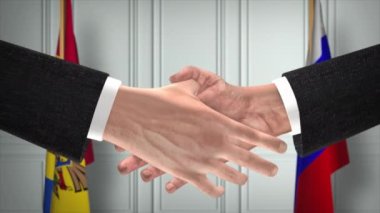 Moldova ve Rusya el sıkışma ve siyaset illüstrasyonuyla ilgileniyorlar. Resmi toplantı ya da iş birliği, iş görüşmesi. İş adamları veya politikacılar el sıkışıyor