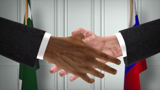 パキスタンとロシアは握手 政治イラストを扱う 正式な会議や協力 ビジネスミーティング ビジネスマンや政治家が握手をする — ストック動画