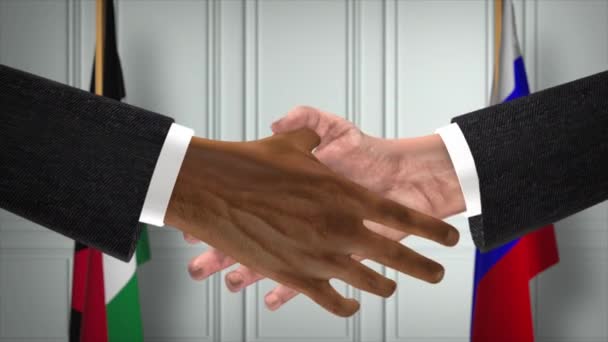 パレスチナとロシアは握手 政治イラストを扱う 正式な会議や協力 ビジネスミーティング ビジネスマンや政治家が握手をする — ストック動画