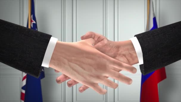 Nya Zeeland Och Ryssland Handlar Handslag Politik Illustration Officiellt Möte — Stockvideo