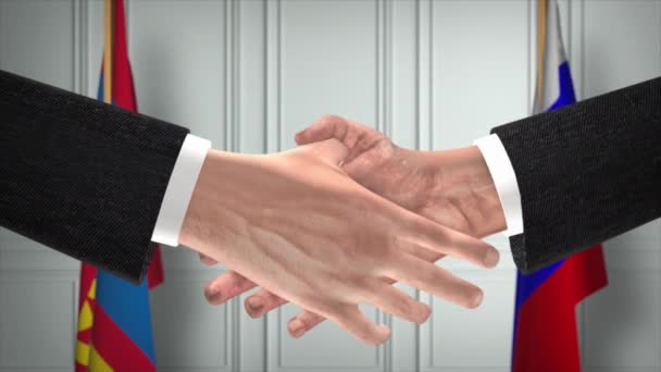 Mongolia Rosja Handlują Uściskiem Dłoni Ilustracją Polityczną Oficjalne Spotkanie Lub — Wideo stockowe