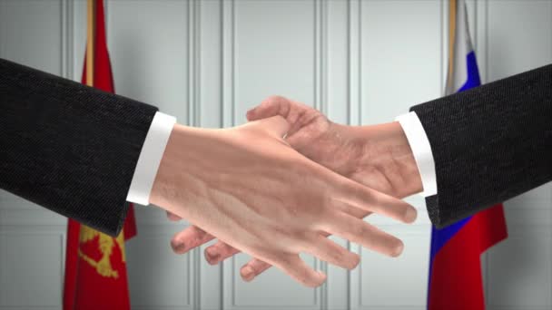 モンテネグロとロシアは握手 政治イラストを扱う 正式な会議や協力 ビジネスミーティング ビジネスマンや政治家が握手をする — ストック動画