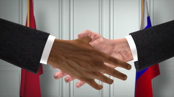 モロッコとロシアは握手 政治イラストを扱う 正式な会議や協力 ビジネスミーティング ビジネスマンや政治家が握手をする — ストック動画