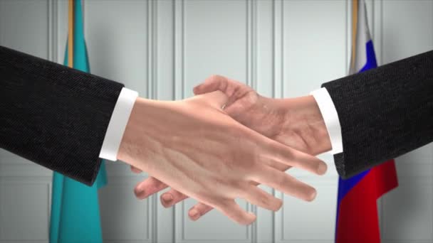 カザフスタンとロシアは握手 政治イラストを扱う 正式な会議や協力 ビジネスミーティング ビジネスマンや政治家が握手をする — ストック動画