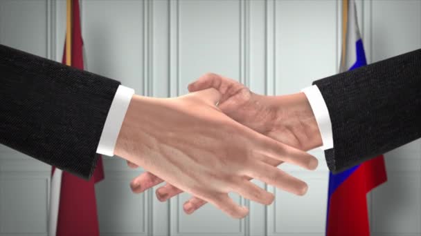 Латвия Россия Договорились Рукопожатии Политическая Иллюстрация Официальная Встреча Сотрудничество Деловая — стоковое видео