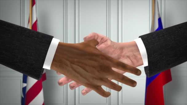 リベリアとロシアは握手 政治イラストを扱う 正式な会議や協力 ビジネスミーティング ビジネスマンや政治家が握手をする — ストック動画