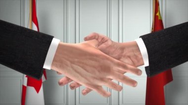 Kanada ve Çin Resmi İş Toplantısı. Diplomasi Animasyonu. Ortaklar Tokalaşması 4K