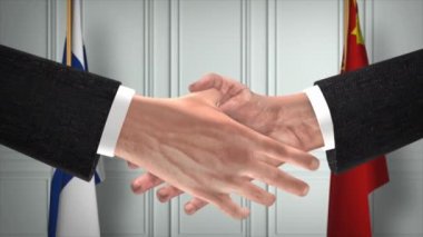 Finlandiya ve Çin Resmi İş Toplantısı. Diplomasi Animasyonu. Ortaklar Tokalaşması 4K