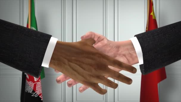 阿富汗与中国官员商务会议 外交交易动画 合作伙伴握手4K — 图库视频影像