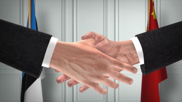 Estlands Och Kinas Tjänstemäns Affärsmöte Diplomati Deal Animation Partners Handslag — Stockvideo