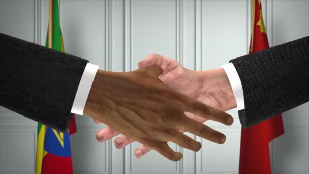 埃塞俄比亚与中国官员商务会议 外交交易动画 合作伙伴握手4K — 图库视频影像