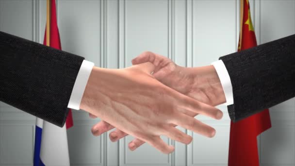 Spotkanie Biznesowe Urzędników Francji Chin Dyplomacja Deal Animation Partnerzy Uścisk — Wideo stockowe