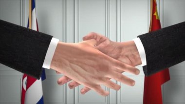 Kosta Rika ve Çin Resmi İş Toplantısı. Diplomasi Animasyonu. Ortaklar Tokalaşması 4K