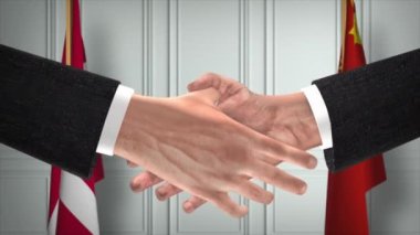 Danimarka ve Çin Resmi İş Toplantısı. Diplomasi Animasyonu. Ortaklar Tokalaşması 4K