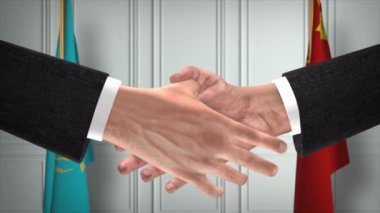 Kazakistan ve Çin Resmi İş Toplantısı. Diplomasi Animasyonu. Ortaklar Tokalaşması 4K