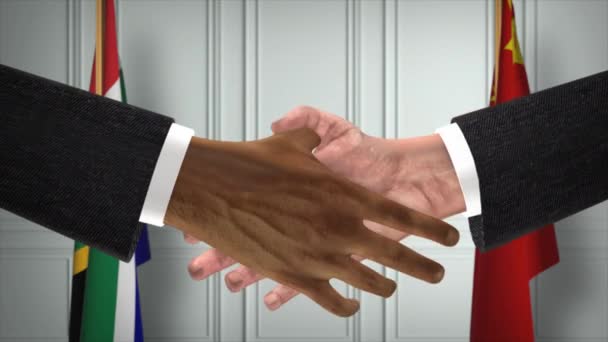Reunión Negocios Funcionarios Sudáfrica China Diplomacy Deal Animation Socios Handshake — Vídeo de stock