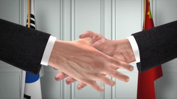 韩国和中国官员商务会议 外交交易动画 合作伙伴握手4K — 图库视频影像