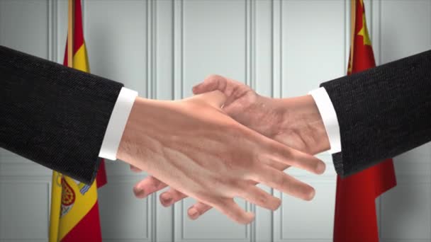 Reunião Negócios Funcionários Espanha China Diplomacia Negociar Animação Parceiros Handshake — Vídeo de Stock