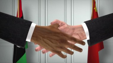 Libya ve Çin Resmi İş Toplantısı. Diplomasi Animasyonu. Ortaklar Tokalaşması 4K