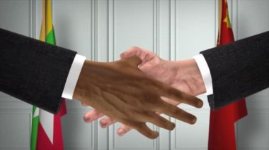 Myanmar ve Çin Resmi İş Toplantısı. Diplomasi Animasyonu. Ortaklar Tokalaşması 4K