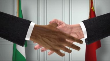 Nijerya ve Çin Resmi İş Toplantısı. Diplomasi Animasyonu. Ortaklar Tokalaşması 4K